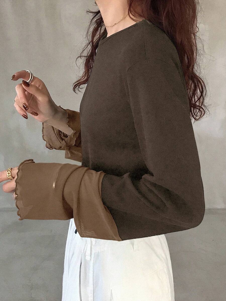 FRIFUL 女式圆领插肩拼接撞色拼接透明面料长袖宽松休闲百搭运动衫,秋季 - 棕色 - 查看 1