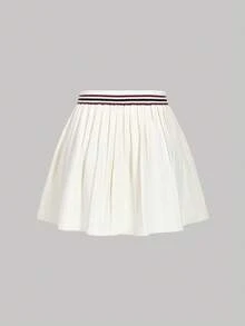 SHEIN MOD Women's Contrast Color Trim Pleated Short Knit Skirt,Off-White,Autumn,Casual,School,Back-To-School,Fall/Winter Halloween Costume Party Mini Skirts - Apricot - View 2