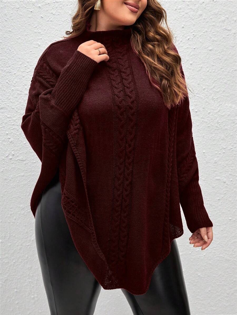 SHEIN LUNE Plus Size Turtleneck Split Twist Knit Casual Long Sleeve Pullover Sweater - Burgundy - View 1