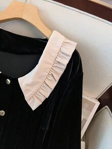 GlowEve CURVE 大码女式天鹅绒拼布荷叶边长袖衬衫，宽松时尚，秋冬 - 黑色 - 查看 3