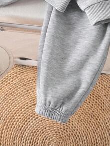 SHEIN 女婴可爱字母印花保暖长袖卫衣长裤套装，秋冬款 - 灰色 - 查看 8