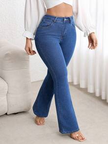 SHEIN Unity Plus Size High Waist Slim Fit Flare Leg Washed Dark Blue Jeans - Light Wash - View 4