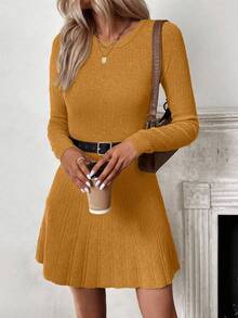SHEIN LUNE Casual Solid Color Knit Dress, Versatile For Autumn/Winter - Ginger - View 6