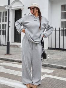 Muchica Bộ 2 món áo hoodie và quần nỉ thể thao ngoài trời thường ngày thu/đông 2025 mới, đa năng, dáng rộng, màu xám, cỡ lớn - Màu Xám nhạt - Xem 3