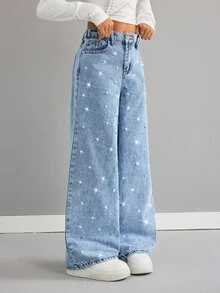 SHEIN 青少年女孩 Y2K 浅色水洗水钻装饰口袋宽腿宽松休闲牛仔裤，闪亮水钻宽松阔腿牛仔裤，青少年女孩秋冬休闲牛仔裤，宽松牛仔裤女孩，机场，阔腿裤，街头服饰，趣味牛仔裤，返校装，优雅派对闪亮服装，圣诞节青少年女孩服装