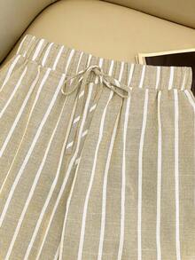 Franclia 天蓝色竹节针织条纹休闲松紧腰女裤，适合春秋季 - 卡其色 - 查看 5