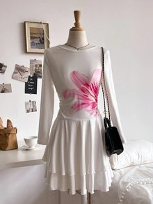 Sweetra Young Tween Girls' Spring/Summer/Autumn Casual Fashion New Knit Dress, White Solid Color Front With Pink Floral Pattern, Long Sleeve Round Neck, Double-Layer Hem Design, Suitable For Older Girls, Sweet Lady-Like Casual Style For School, Daily Wear, Vacation, Party, Photo Shoot