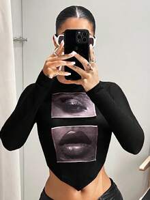 SHEIN ICON Women's Eyes And Lips Printed Cropped Black Top - Black - View 1