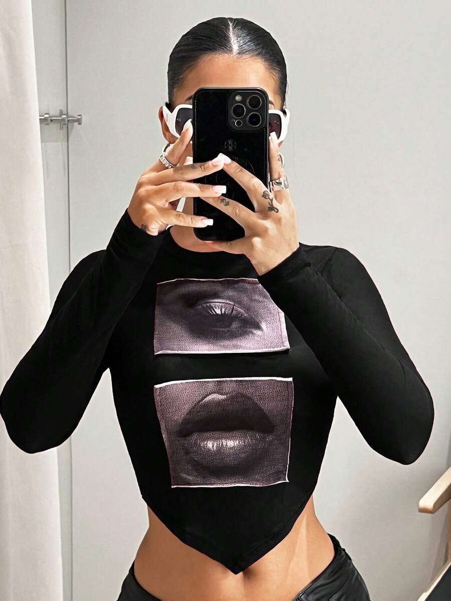 SHEIN ICON Women's Eyes And Lips Printed Cropped Black Top - Black - View 1