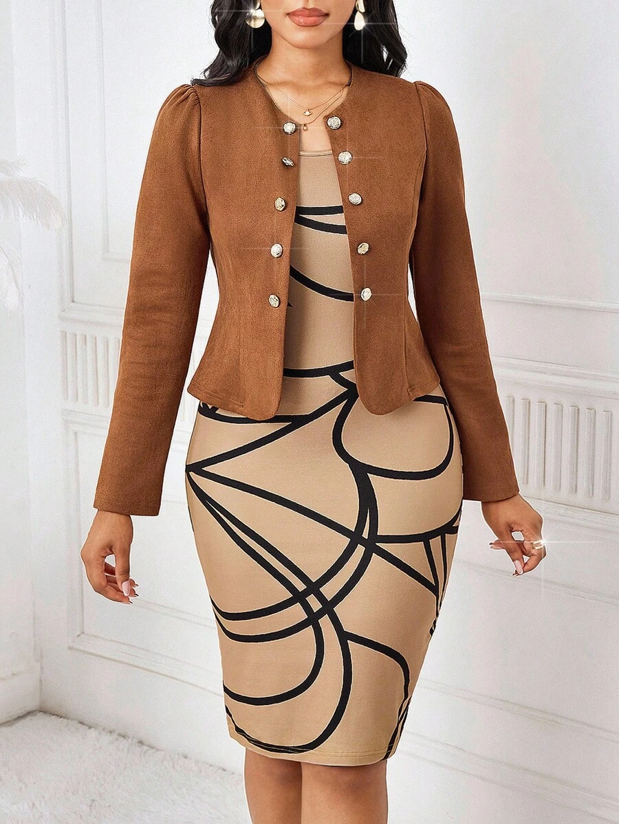 SHEIN Lady Bộ áo khoác tay phồng màu trơn và váy yếm họa tiết hình học thanh lịch 2 món cho nữ, mùa thu - Nhiều màu - Xem 1