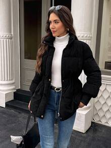 SHEIN LUNE Damen Lässig Pendler einfarbige Reißverschluss-Steppjacke, warm gefüttert, Winter - Schwarz - Übersicht 4