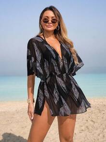 Swim Lushoire 1 件女士沙滩罩衫，叶枝网状图案，休闲居家海滩泳池度假，春夏