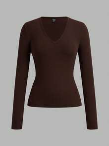 SHEIN EZwear Bộ 3 áo thun dài tay cơ bản cổ chữ V sâu ôm vừa vặn thường ngày cho nữ, thích hợp cho mùa thu/đông - Nhiều màu - Xem 3