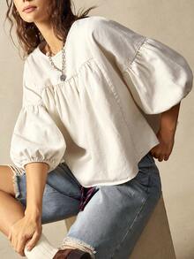 Bohemela 女式宽松绿色泡泡袖度假衬衫 - 杏色 - 查看 3