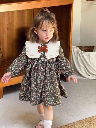 SHEIN Vintaside Kids Söt långärmad prinsessklänning för babyflicka, modern och elegant, lämplig för vår och höst