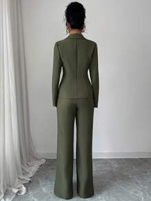 SHEIN Elenzya 优雅浪漫的女士西装外套，翻领收腰设计 - 軍綠色 - 查看 2