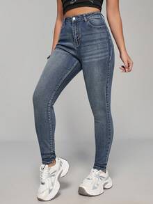 SHEIN PETITE 女式高腰口袋紧身休闲百搭牛仔裤 - 淺色水洗藍 - 查看 4