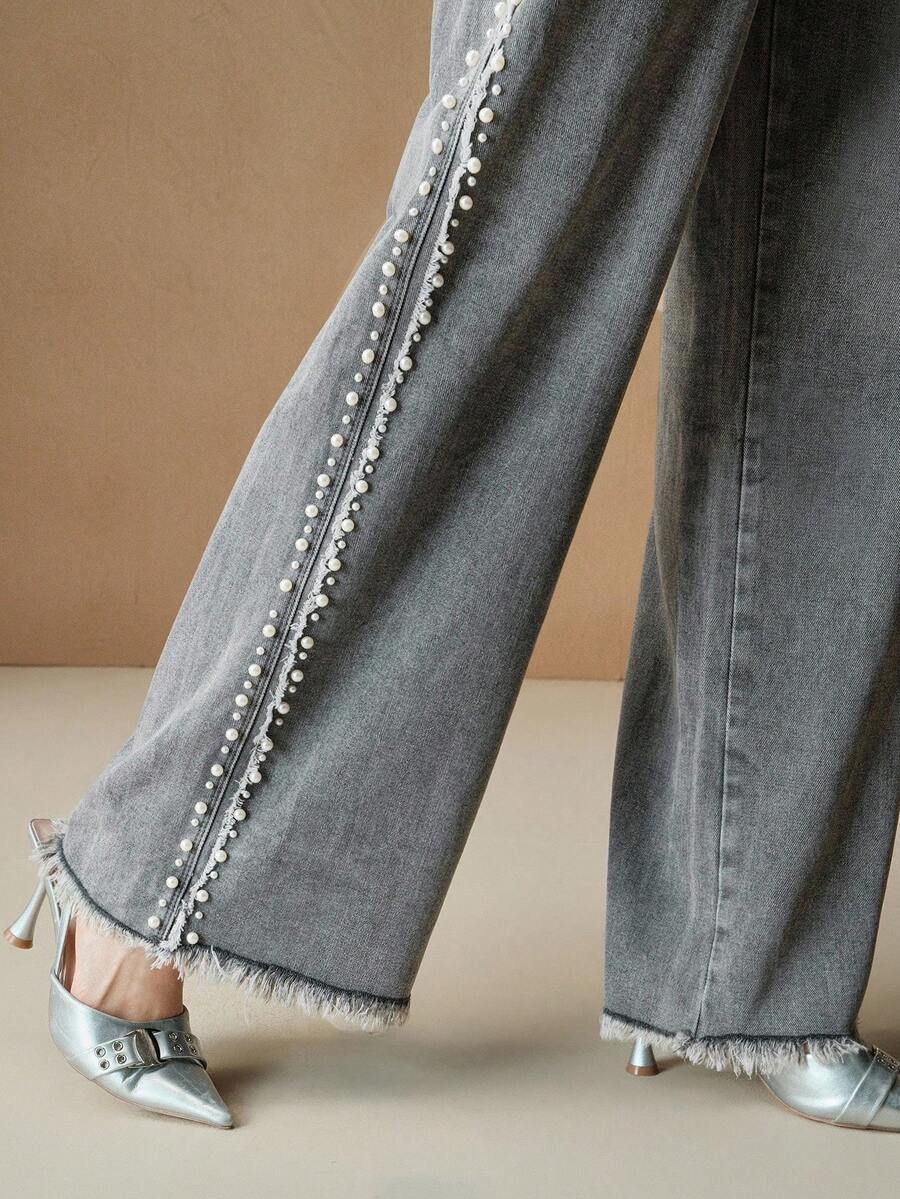 Anewsta Quần jean ống rộng rộng rãi họa tiết ngọc trai giả thời trang thường ngày cho nữ - Xám - Xem 1