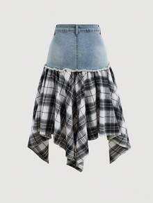 Girlism Teen Girl Blue Denim Patchwork Black & White Plaid Asymmetrical Midi Skirt,Fall Clothes,Winter Clothing ,Casual And Fashionable Vacation Outfits,2000s Style ,Halloween Denim Jeans ,Christmas