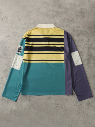 Street Life Camisa polo de manga larga con bloques de color, rayas y estampado de letras para hombre