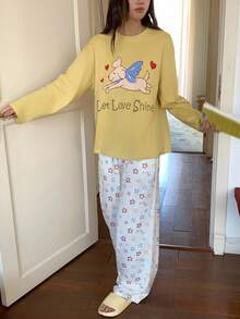 DAZY Cartoon & Letter Graphic Drop Shoulder Top & Pants PJ Set Fall Winter Clothes - Yellow - View 5