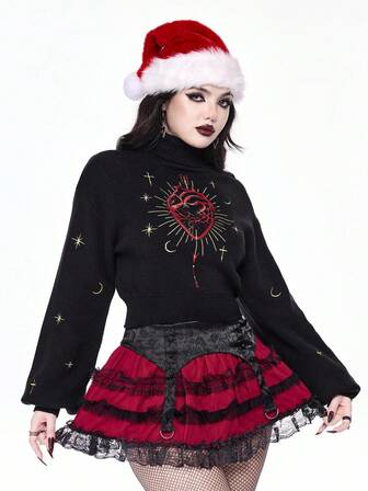 Goth Maglione con collo alto, ricamo a cuore e luna a stella in stile gotico
