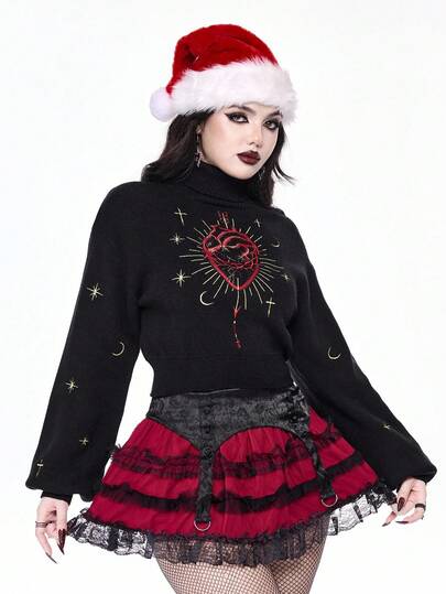 Goth Pull col montant avec broderie cœur gothique et lune étoilée