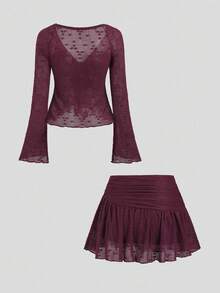 Sweetra 女士欧美时尚纯色蕾丝荷叶边喇叭袖蛋糕裙套装，适合日常穿着和度假穿着 - 酒紅色 - 查看 2