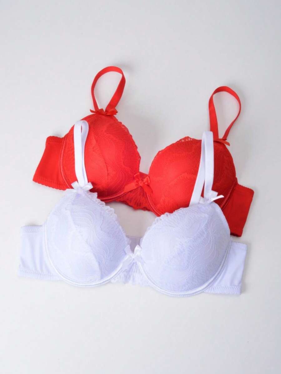 Snug Zone 2pcs Christmas Lace Patchwork Supportive & Adjustable Romantic Minimalist Bra Set For Women - Red and White - View 1