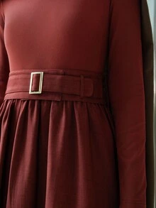 Lumivelle 女士时尚通勤针织和梭织拼接宽腰带日间扣装饰长袖修身 A 字连衣裙 - 紅木色 - 查看 7