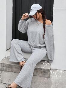 SHEIN EZwear Bộ 2 món áo nỉ và quần trơn màu cỡ lớn, mùa thu - Xám - Xem 3