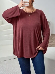 SHEIN CURVE+ Plus Size Women's Plus Size Round Neck Long Sleeved Casual Loose, Soft And Charming Winter Red T-Shirt, New Year's And Valentine's Day Christmas Plus Size Christmas Burgundy