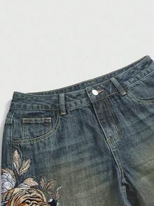 ROMWE Avant Unisex Retro Straßen-Stil Chinesischer Tiger & Blumen Stickerei Weite Schlabberhose mit niedriger Taille