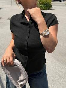 Jeta Ari 女士秋季纯色立领上衣盖袖单排扣休闲女式上衣，纽扣式女式针织上衣 - 黑色 - 查看 3