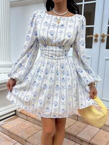 SHEIN Frenchy Women's Starfish & Shell Print Lantern Sleeve Mini Dress,Elegant White And Blue Autumn Vacation Holiday Casual Ruched Waist French Wedding Guest Dress - Blue and White - View 2