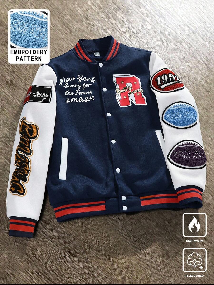 Manfinity Campus Court Men's Contrast Color Patchwork Front Button Fashionable Street Baseball Jacket With Embroidered Logo Custom Varsity Jacket , Fall/Winter - Multicolor - View 1