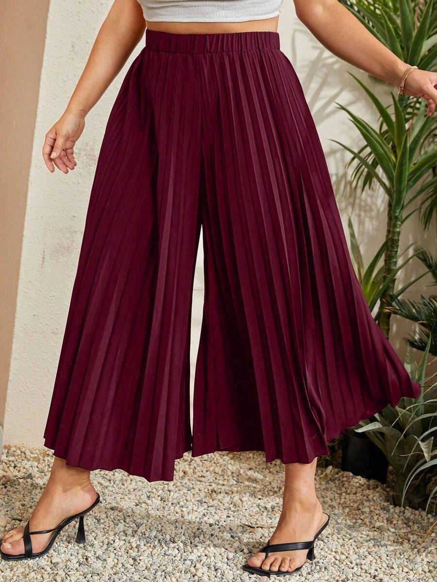 EMERY ROSE Pantalones casuales sueltos de pierna ancha con cintura elástica y pliegues para mujer de talla grande - Burdeos - Ver 1