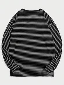 SWAVVY 男士条纹印花拼接细节T恤，夏季、秋季、情侣装、长袖上衣 - 黑色 - 查看 6