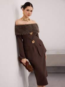 Modelyn 女士时尚通勤毛茸茸拼布露肩上衣和半身裙两件套 - 棕色 - 查看 4
