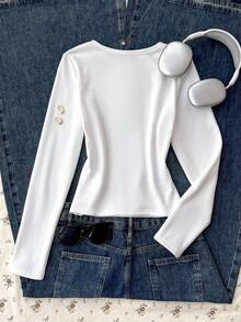 SHEIN T-shirt à manches longues pour adolescentes, col rond en tricot, doublure thermique, imprimé léopard et numéro graphique, blanc, automne/hiver - Blanc - Voir 2