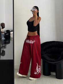 StreetHx 女式哥特式花卉印花宽松直筒休闲运动裤 - 酒紅色 - 查看 3