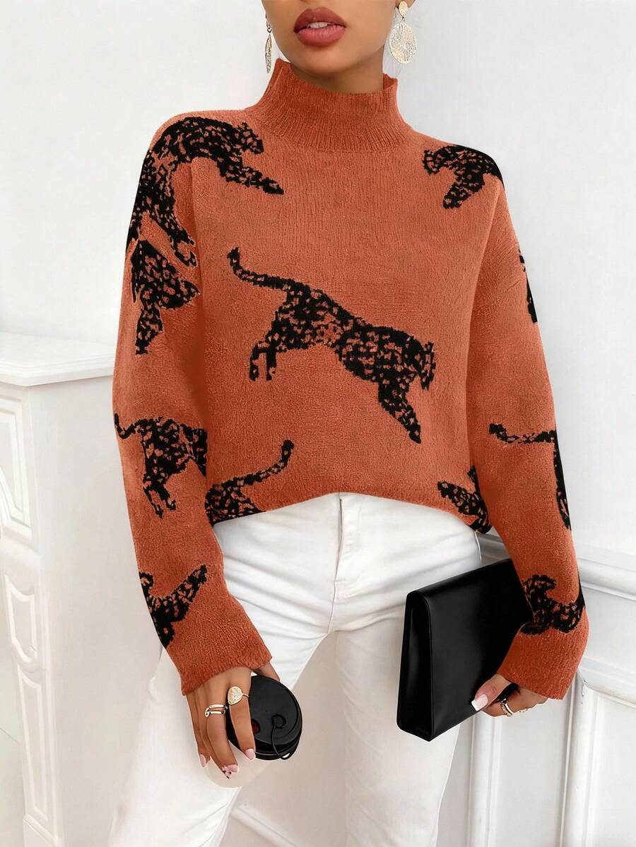 EMERY ROSE Women's Casual Loose Leopard Print Drop Shoulder Long Sleeve Turtleneck Sweater, Autumn/Winter - Burnt Orange - View 1