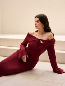 Modelyn Elegante vestido midi de manga larga con cuello, cintura anudada y bajo de cola de pez de punto para mujeres - Rojo - Ver 8