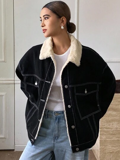 DAZY 女士休闲撞色仿羊羔绒夹克，秋冬季保暖内衬女式外套