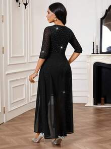 SHEIN Lady Women's Rhinestone Embellished Round Neck 3/4 Sleeve Mesh Splice Tie Design Fitted Elegant Mid-Length Dress - Black - View 2