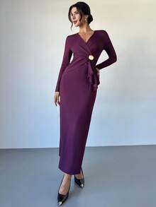 Firerie Women's Christmas  Solid Color Overlap V-Neck Batwing Sleeve Pleated Elegant Dress Elegant Dresses For Party Elegant Christmas Clothes For Women New Year Clothes - Red Violet - View 4