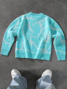 Manfinity Hypemode Men's Contrast Color Pattern Crew Neck Long Sleeve Knit Sweater, Fall/Winter - Teal Blue - View 2