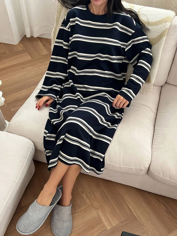 Casual Striped Loose T-Shirt Dress, Comfortable Home Wear For Women, Autumn/Winter Pajama, Cozy Outfit, Moo Moo Night Dress