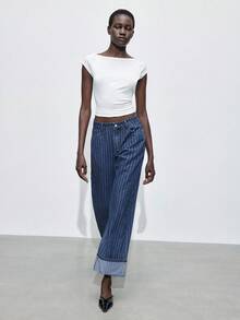 Maija 女士条纹宽松休闲卷边阔腿牛仔裤，都市通勤商务休闲装，办公室穿着，派对装，秋冬季 - 中等水洗藍 - 查看 1