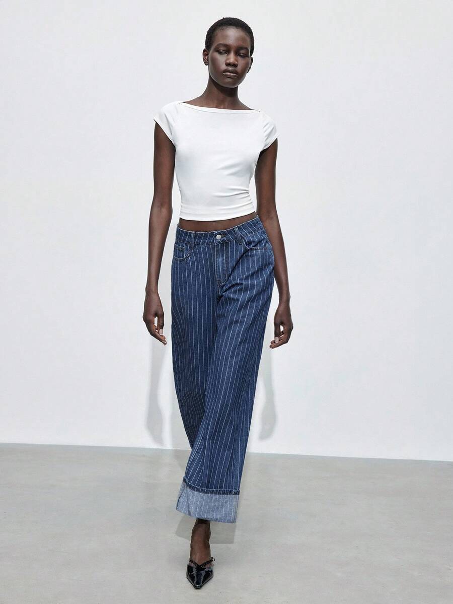 Maija 女士条纹宽松休闲卷边阔腿牛仔裤，都市通勤商务休闲装，办公室穿着，派对装，秋冬季 - 中等水洗藍 - 查看 1